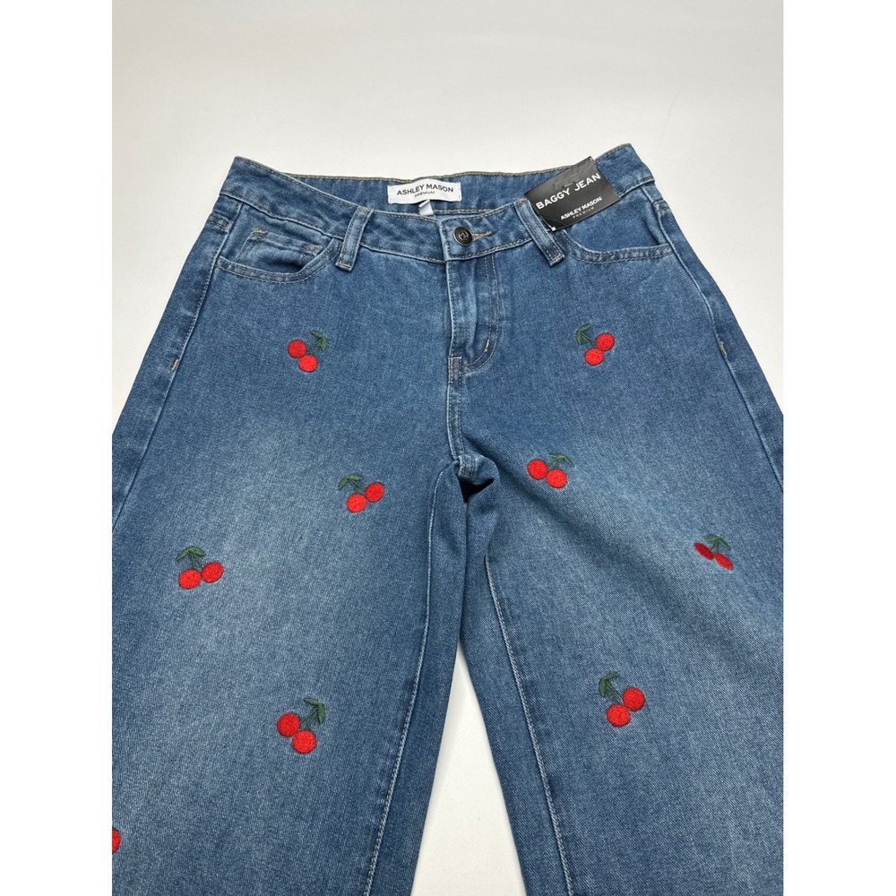 Ashley Mason‎ Baggy Jeans Premium Cherry Embroidered Denim Womens